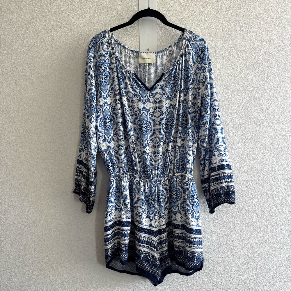 Athropologie Elevenses Basia Romper Long Sleeve V Neck Boho Blue Coastal Resort - Picture 3 of 13